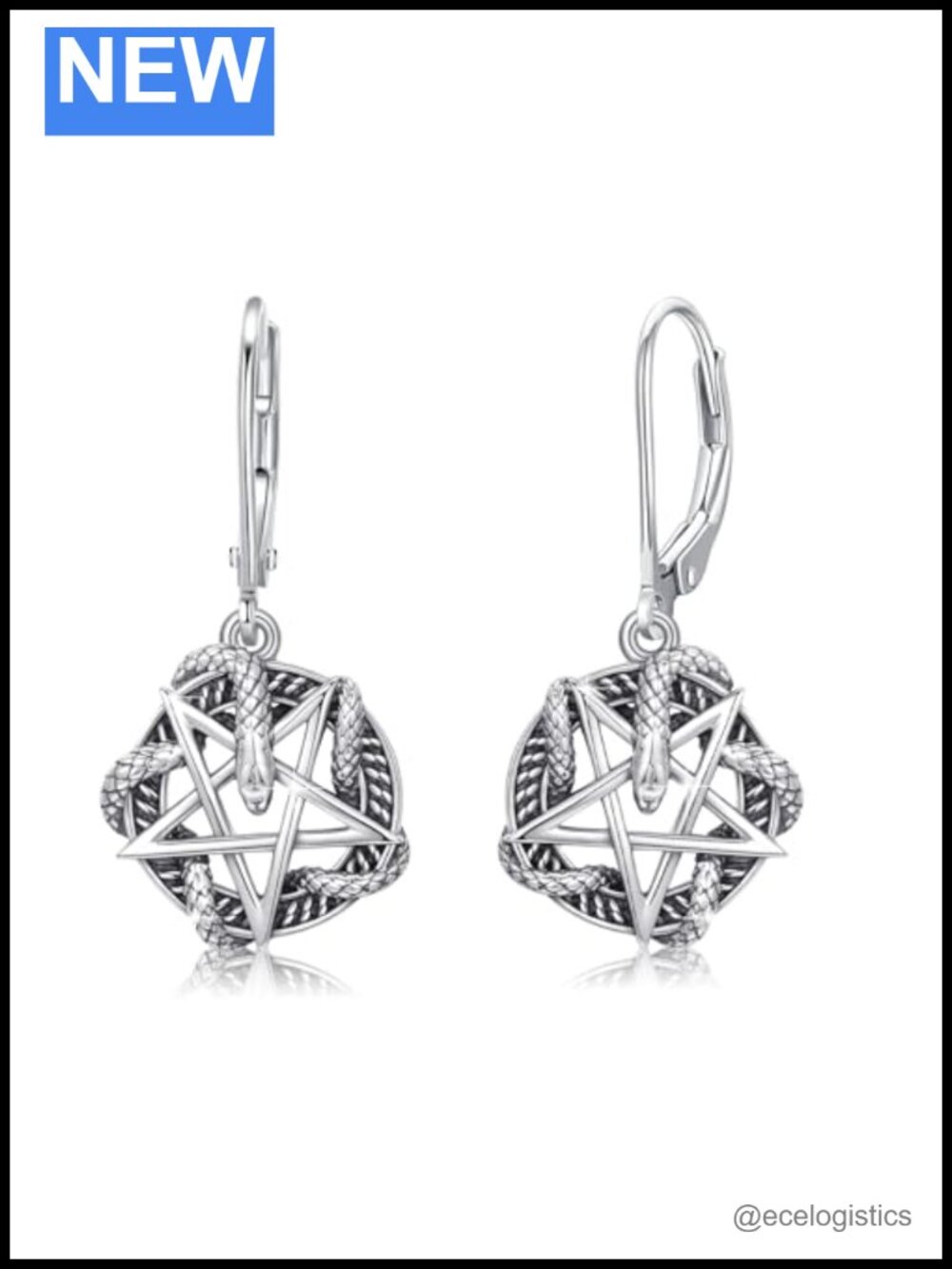 Sterling Silver Snake Pentagram Drop Dangle Earrings Hypoallergenic Vintage